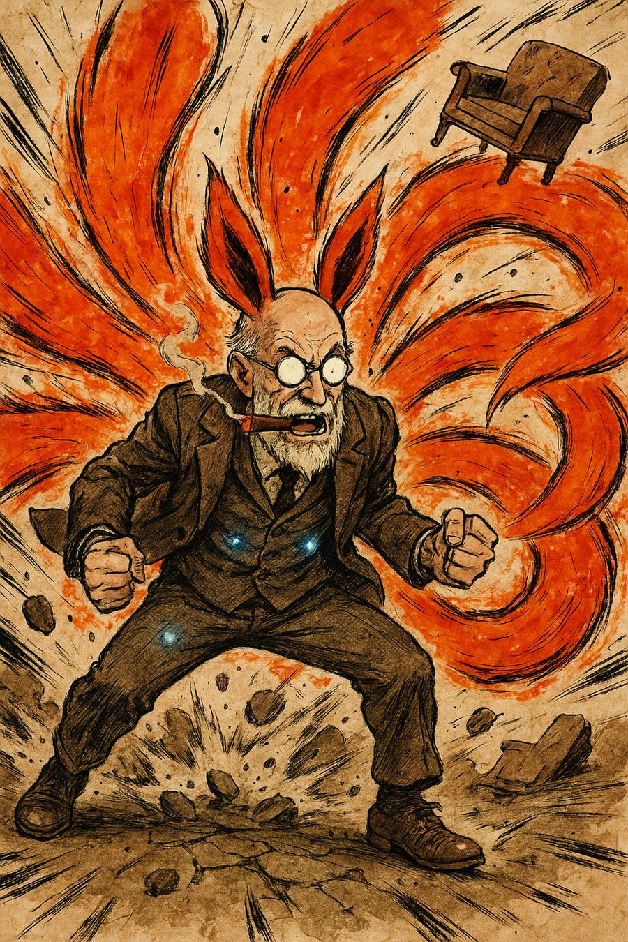 Illustration : Sigmund Freud libérant la puissance de Kyûbi, neuf queues de feu, le divan projeté dans les airs