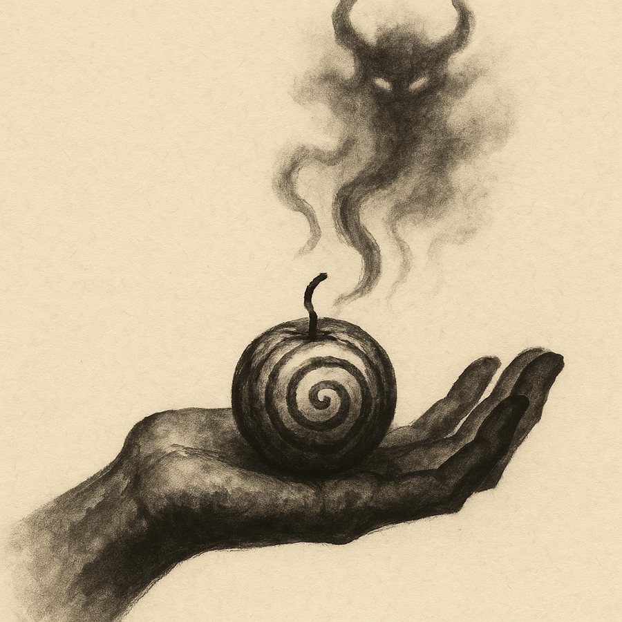 Encre : fruit spiralé posé sur une main, fumée démoniaque