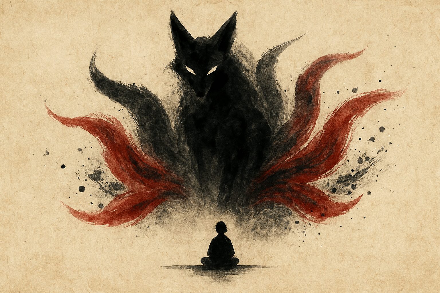 Peinture à l'encre : le renard à neuf queues surplombant une silhouette assise en méditation