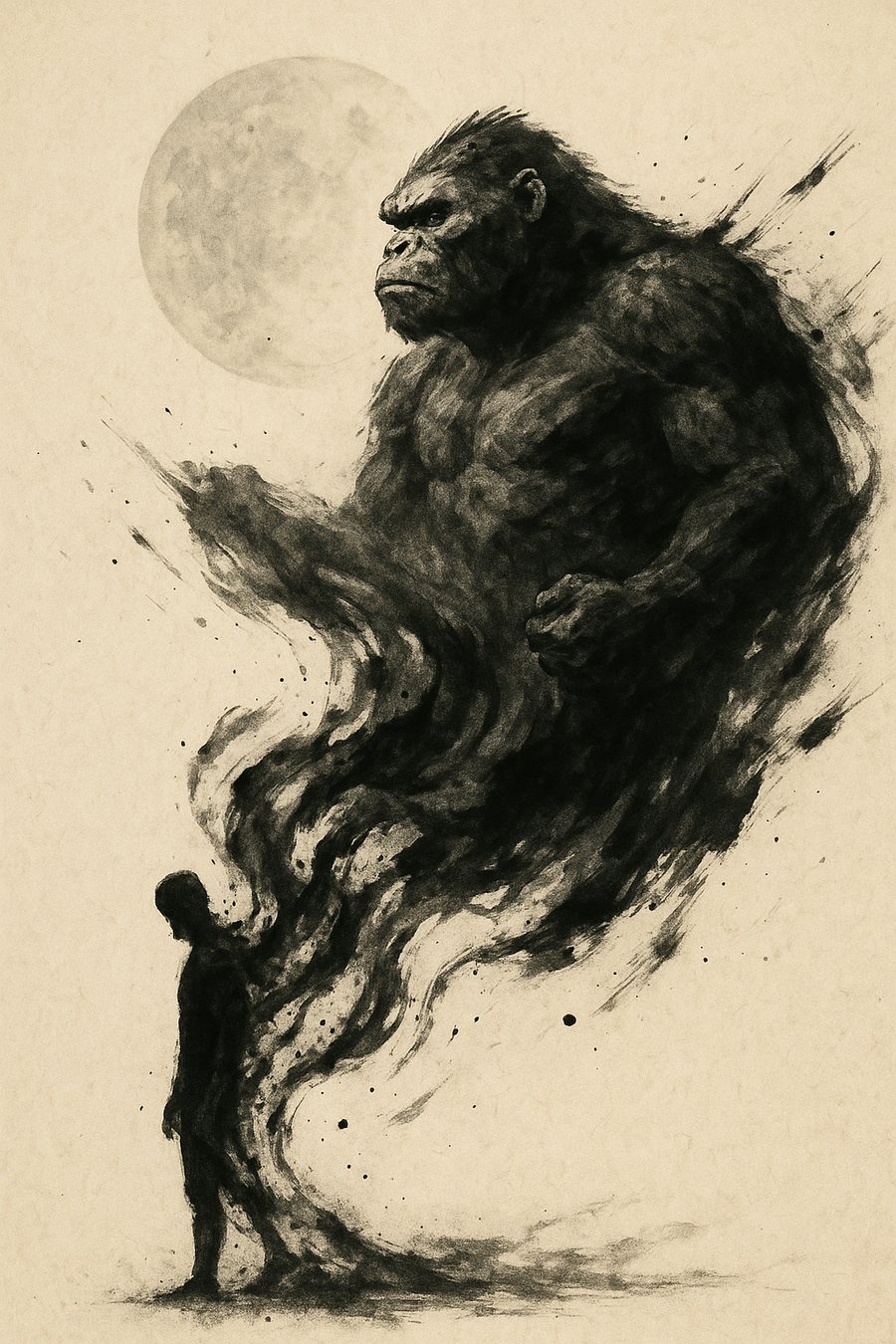 Encre : silhouette humaine se dissolvant en singe géant sous la lune